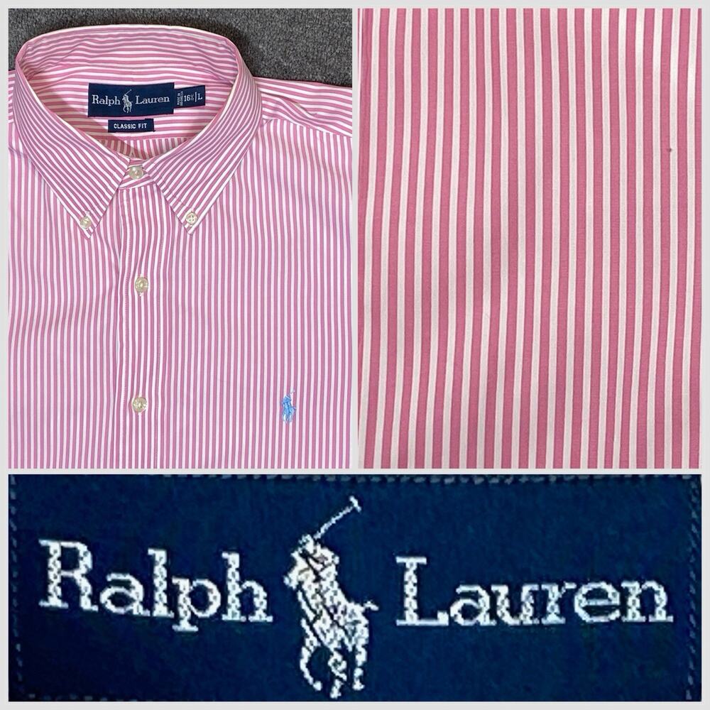 Ralph Lauren Men Large Classic Fit Cotton Long Sleeve Pink & White Stripe‎ Shirt